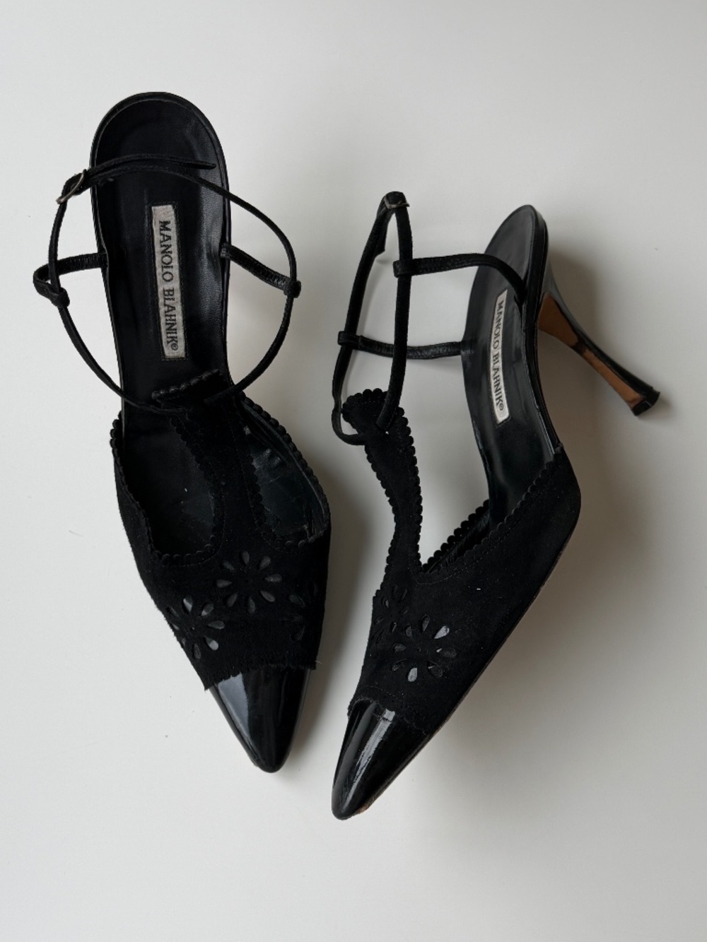 Vintage Manolo Blahnik Black Suede Floral Slingback Heels, IT 40 / fits approx.